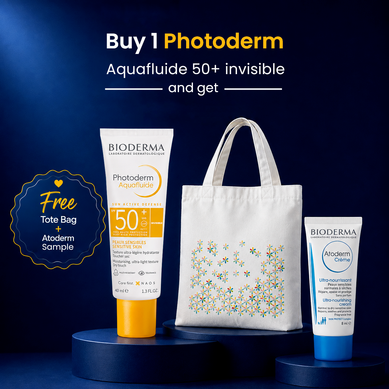 Buy 1 Photoderm Aquafluide 50+ invisible & Get Free Tote Bag + Atoderm Cream Sample